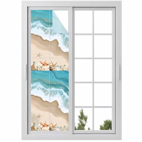 Coastal Beach Ocean Window Privacy Film, Nautical Starfish Shells Conch Static Cling UV Sun Blocking Heat Control Window Tint Day and Night, Non-Adhesive One Way Windows Privacy Cover 17.7''x78.7''