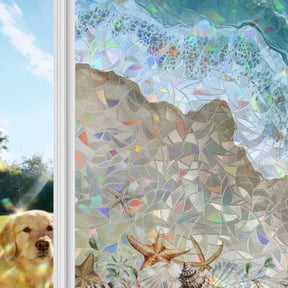 Coastal Beach Ocean Window Privacy Film Stain Glass,Reusable Decorative Rainbow Window Film,Nautical Starfish Shells Conch Static Cling Sun Blocking Stickers Decals Covers 23.6" x 59" (2pcs)