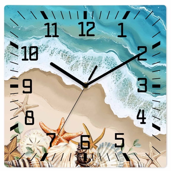 Coastal Beach Ocean Wooden Wall Clock Silent Non Ticking, Nautical Starfish Shells Conch Square Wall Clocks Battery Operated, Decor Clock for Home Office, Living Room, Kitchen, 10 Inch