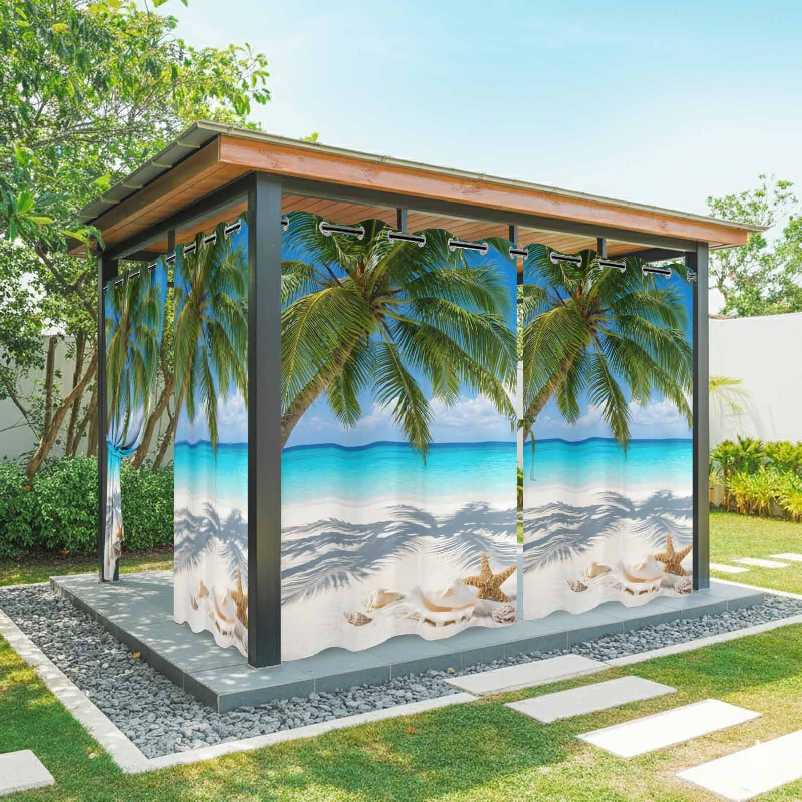 Coastal Beach Outdoor Curtains for Patio, Starfish Palm Tree Sky Tropical Sunshade Privacy Drapes Grommet Waterproof Outside Curtains for Porch/Cabana/Balcony 54"x 108", 1 Panel