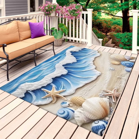 Coastal Beach Outdoor Rug 5x8 Ft, Non Slip Washable Area Rug, Blue Ocean Starfish Shell Seashore Sand Patio Rugs Carpet Runner, Large Floor Mat for Indoor/Outdoor Deck Porch Camping