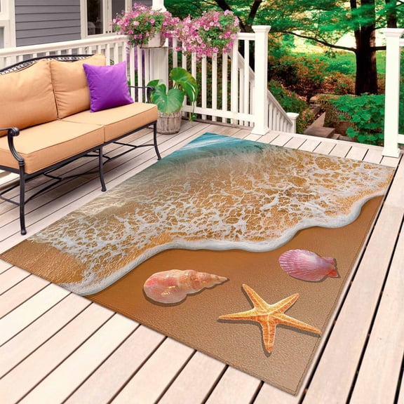 Coastal Beach Outdoor Rug 5x8 Ft, Non Slip Washable Area Rug, Summer Ocean Sea Waves Starfish Teal Beige Patio Rugs Carpet Runner, Large Floor Mat for Indoor/Outdoor Deck Porch Camping