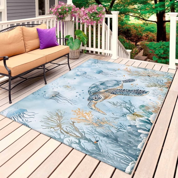 Coastal Beach Outdoor Rug for Patio/Deck/Porch, Non-Slip Large Area Rug 3 x 5 Ft, Sea Turtle Jellyfish Blue Nautical Indoor Outdoor Rugs Washable Area Rugs, Reversible Camping Rug Carpet Runner
