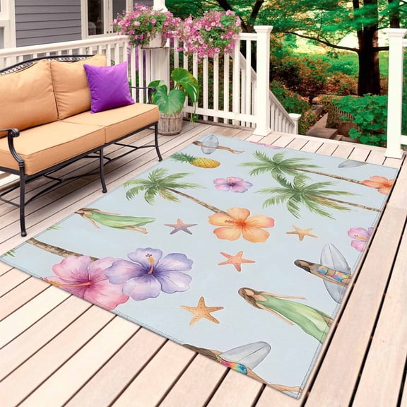 Coastal Beach Outdoor Rug for Patio/Deck/Porch, Non-Slip Large Area Rug 3 x 5 Ft, Summer Tropical Vacation Palm Trees Surfing Indoor Outdoor Rugs Washable Area Rugs, Camping Rug Carpet Runner