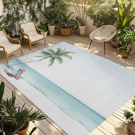 Coastal Beach Outdoor Rug for Patio/Deck/Porch, Non-Slip Large Area Rug 6 x 9 Ft, Summer Palm Tree Nautical Ocean Seaside Indoor Outdoor Rugs Washable Area Rugs, Reversible Camping Rug Carpet Runner