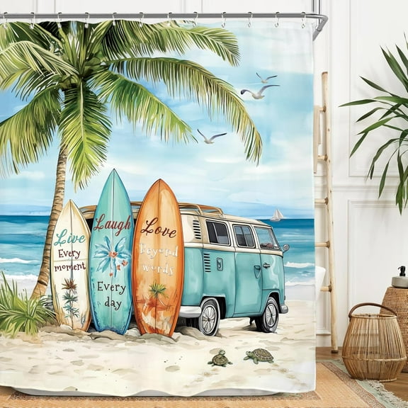 Coastal Beach Palm Surfboard Shower Curtain Set Ocean Summer Tropical Scenery Hawaii Camping Waterproof Bathroom Curtain with Hooks-60"W x 72"L (Pack of 1)