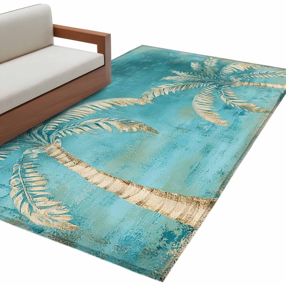Coastal Beach Palm Tree Area Rug 3x5 Washable Rug Non Slip Retro Teal Tropical Plant Summer Large Area Rug Indoor Floor Carpet for Entryway Bedroom Kitchen Living Room Home Office Dining Room Nursery