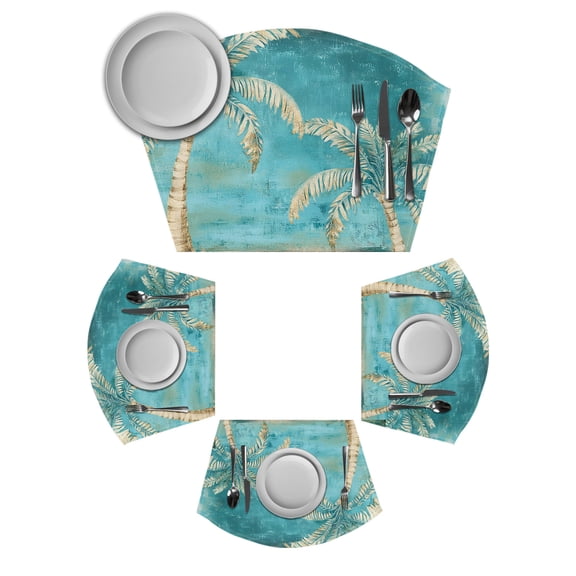 Coastal Beach Palm Tree Round Table Placemats Set of 4 Wedge Placemats, Retro Teal Tropical Plant Summer Place Mats for Dining Table Set Washable Mats Kitchen Decor for Indoor Outdoor Wipe Clean