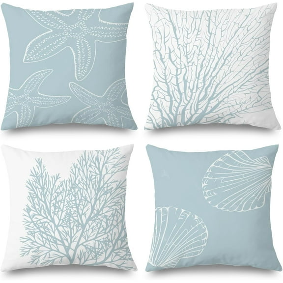 Coastal Beach Pillow Covers 20x20 Set of 4 - Beachy Room Decor Aesthetic, Coastal Beach House Decor, Starfish Seashell Coral Coastal Beach Decorative Throw Pillow Covers (Double-Sided)
