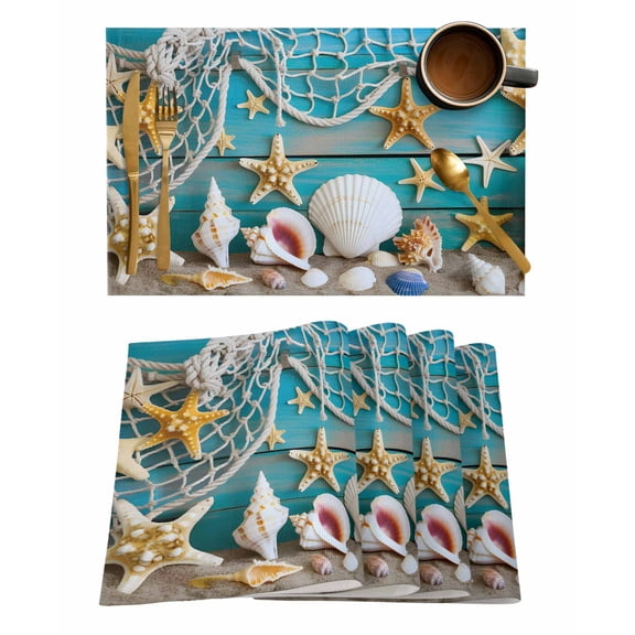 Coastal Beach Placemats Set of 1 Conch Starfish Fishing Net Wood Grain Heat Insulation Washable Place Mats, Rustic Non-Slip Table Mats for Dining Table Party Kitchen Decor,13x19 Inch