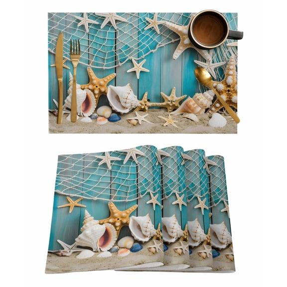 Coastal Beach Placemats Set of 1 Starfish Conch Fishing Net Wood Grain Heat Insulation Washable Place Mats, Rustic Non-Slip Table Mats for Dining Table Party Kitchen Decor,13x19 Inch