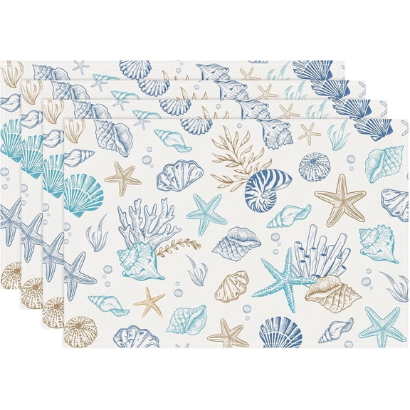 Coastal Beach Placemats Set of 4, Ocean Themed Seashell Starfish Coral Summer Kitchen Dining Table Mats Washable Place Mats for Indoor Outdoor Home Party Decor