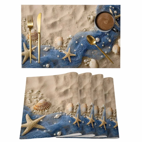 Coastal Beach Placemats Set of 4 Summer Nautical Blue Fishing Net Conch Place Mats Indoor Wipeable Table Mats Washable Cloth Dining Table Placemats for Kitchen Holiday Party Home Decor 13x19 Inch