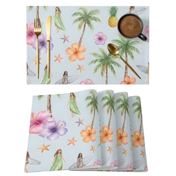 Coastal Beach Placemats Set of 4 Summer Tropical Vacation Palm Trees Surfing Place Mats Indoor Wipeable Table Mats Washable Dining Table Placemats for Kitchen Holiday Party Home Decor 13x19 Inch