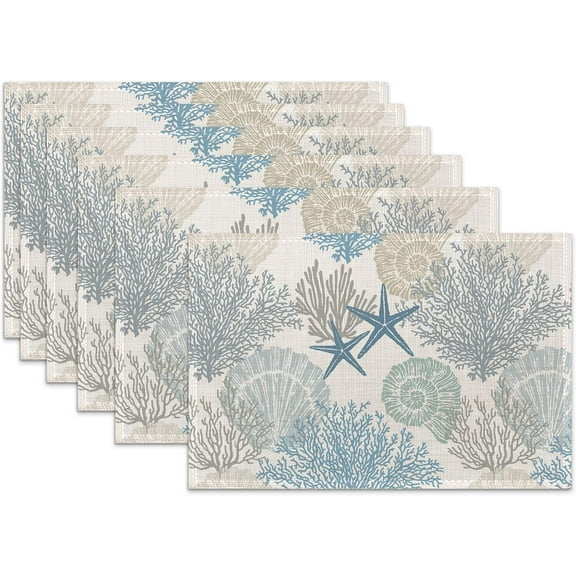 Coastal Beach Placemats Set of 6,Shell Starfish Coral Heat Resistant Table Mats Washable Place Mats for Party Kitchen Farmhouse Home Dining Holiday Decor 12x18 Inch