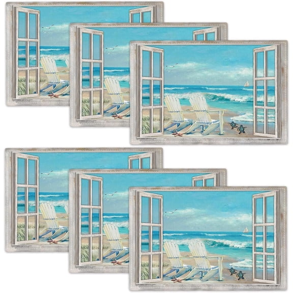 Coastal Beach Placemats Set of 6 Seascape Ocean Table Mats Washable Place Mats for Home Party Indoor Kitchen Dining Table Decoration 12x18 Inch
