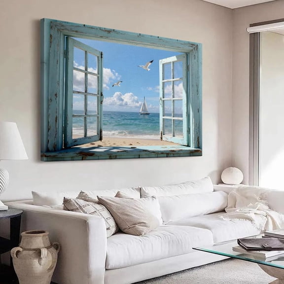 Coastal Beach Poster Open Window Ocean View, Nautical Decor Home Decor, 12x18 UNFRAMED