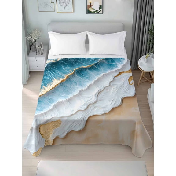 Coastal Beach Queen Size Flat Sheet, Wrinkleproof & Fadeproof Cooling Flat Bed Sheet Only, Nautical Ocean Blue Beige Seaside Breathable Soft Bedding Top Sheets 90 x 102 Inches