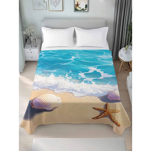 Coastal Beach Queen Size Flat Sheet, Wrinkleproof & Fadeproof Cooling Flat Bed Sheet Only, Nautical Ocean Starfish Shells Sea Waves Breathable Soft Bedding Top Sheets 90 x 102 Inches