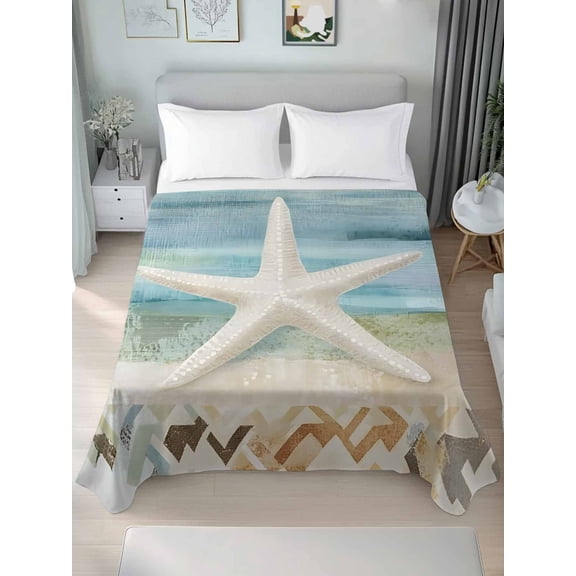 Coastal Beach Queen Size Flat Sheet, Wrinkleproof & Fadeproof Cooling Flat Bed Sheet Only, Summer Retro Starfish Wave Breathable Soft Bedding Top Sheets 90 x 102 Inches