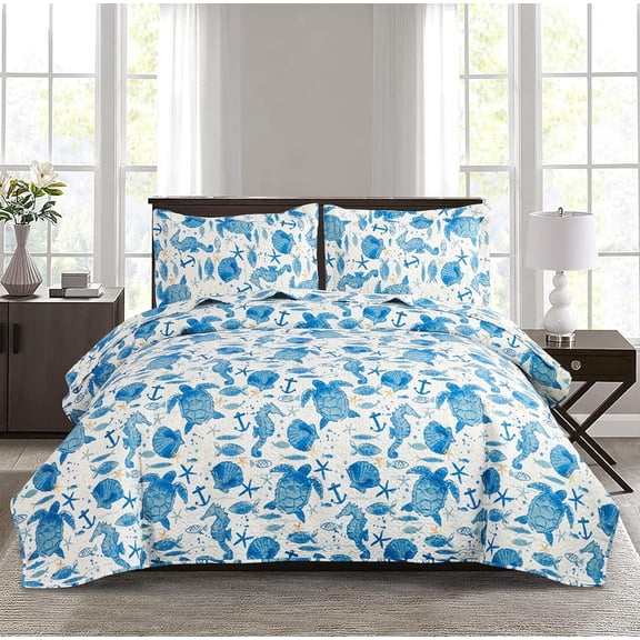 Coastal Beach Quilt Set -  Size  Bedding Reversible Quilt Sea Turtle Blue