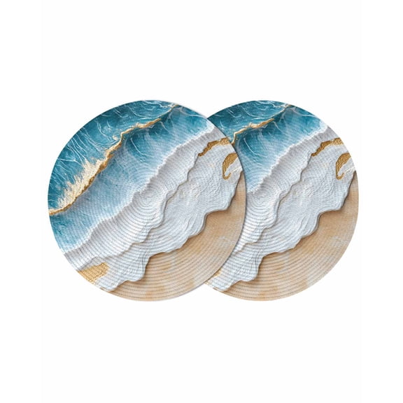 Coastal Beach Round 13 Inch Placemats Set of 2, Nautical Ocean Blue Beige Seaside HeatResistant Non Slip Place Mats for Dining Table, Wipeable Braided Kitchen Table Mats for Housewarming