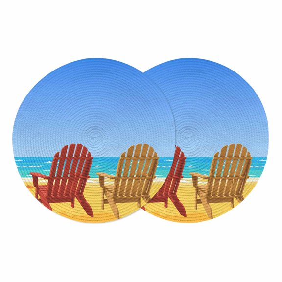 Coastal Beach Round 13 Inch Placemats Set of 2, Summer Cartoon Vacation Waves Blue Brown HeatResistant Non Slip Place Mats for Dining Table, Wipeable Braided Kitchen Table Mats for Housewarming