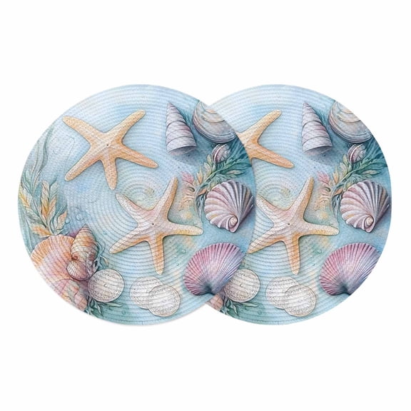 Coastal Beach Round 13 Inch Placemats Set of 2, Summer Starfish Nautical Shell Ocean HeatResistant Non Slip Place Mats for Dining Table, Wipeable Braided Kitchen Table Mats for Housewarming