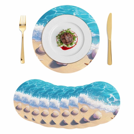 Coastal Beach Round 13 Inch Placemats Set of 8, Nautical Ocean Starfish Shells Sea Waves HeatResistant Non Slip Place Mats for Dining Table, Wipeable Braided Kitchen Table Mats for Housewarming