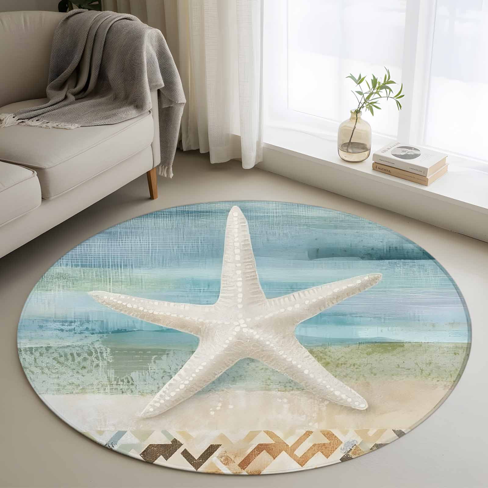 Beachy Round Rug Coastal Beach Round Area Rug 4 FT, Non Slip Indoor Outdoor Rug, Summer ...