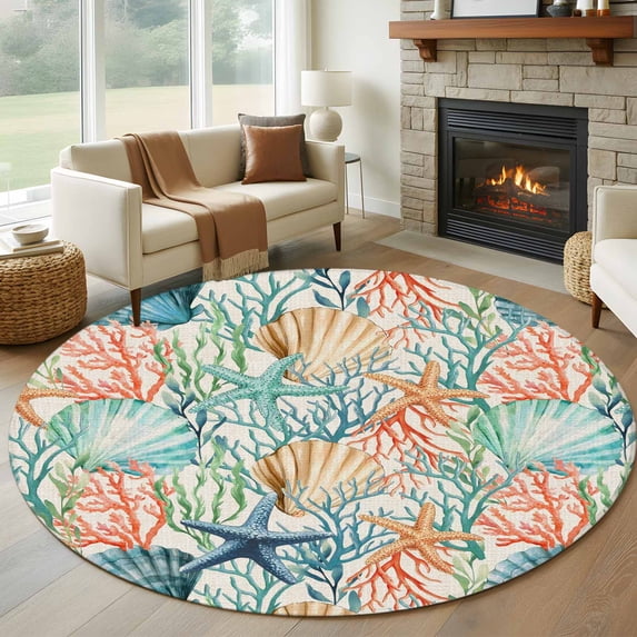 Coastal Beach Round Area Rug 8Ft Washable Large Circle Rugs for Living Room Dorm, Nautical Summer Coral Starfish Shell Non-Slip Carpet Floor Mats Indoor Outdoor Carpet Runner Aesthetic Home Decor