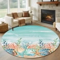 thumbnail image 1 of Coastal Beach Round Area Rug 8Ft Washable Large Circle Rugs for Living Room Dorm, Ocean Wave Summer Sea Starfish Coral Teal Beige Non-Slip Carpet Floor Mats Indoor Outdoor Carpet Runner Home Decor, 1 of 8
