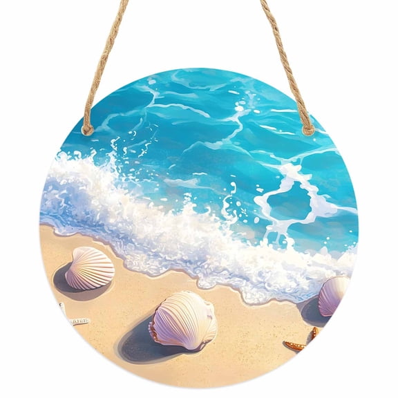 Coastal Beach Round Front Door Welcome Sign, 7.8 Inch Wall Hanging Decor for Indoor Outdoor, Nautical Ocean Starfish Shells Sea Waves Home Porch Hanger Decorations for Holiday Gift