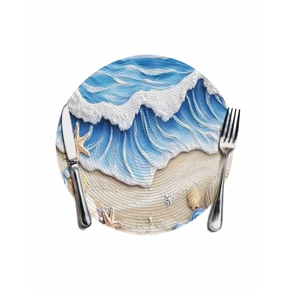 Coastal Beach Round Placemats for Dinning Tables,Heat-proof Braided Table Mats 13 Inch,Blue Ocean Starfish Shell Seashore Sand Washable Place Mat for Kitchen Restaurant Party Decor Table Setting