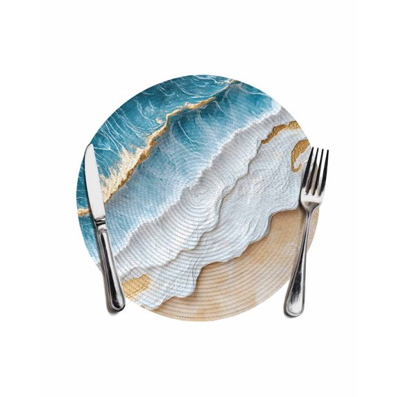 Coastal Beach Round Placemats for Dinning Tables, Heat-proof Braided Table Mats 13 Inch, Nautical Ocean Blue Beige Seaside Washable Place Mat for Kitchen Restaurant Party Decor Supplies Table Setting