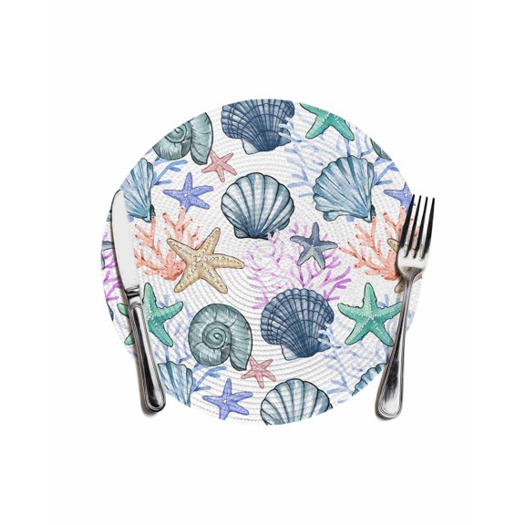 Coastal Beach Round Placemats for Dinning Tables,Heat-proof Braided Table Mats 13 Inch,Watercolor Nautical Starfish Shell Washable Place Mat for Kitchen Restaurant Party Decor Supplies Table Setting