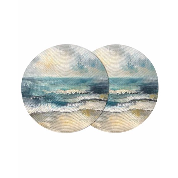 Coastal Beach Round Placemats Set of 2 for Dinning Tables,Heat-proof Braided Table Mats 13 Inch,Abstract Oil Painting Ocean Wave Washable Place Mat for Kitchen Restaurant Party Decor Table Setting
