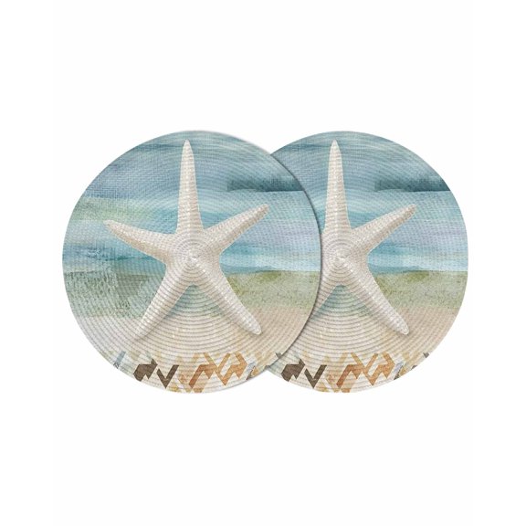 Coastal Beach Round Placemats Set of 2 for Dinning Tables,Heat-proof Braided Table Mats 13 Inch,Summer Retro Starfish Wave Washable Place Mat for Kitchen Restaurant Party Decor Supplies Table Setting