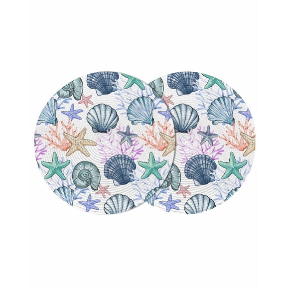 Coastal Beach Round Placemats Set of 2 for Dinning Tables,Heat-proof Braided Table Mats 13 Inch,Watercolor Nautical Starfish Shell Washable Place Mat for Kitchen Restaurant Party Decor Table Setting