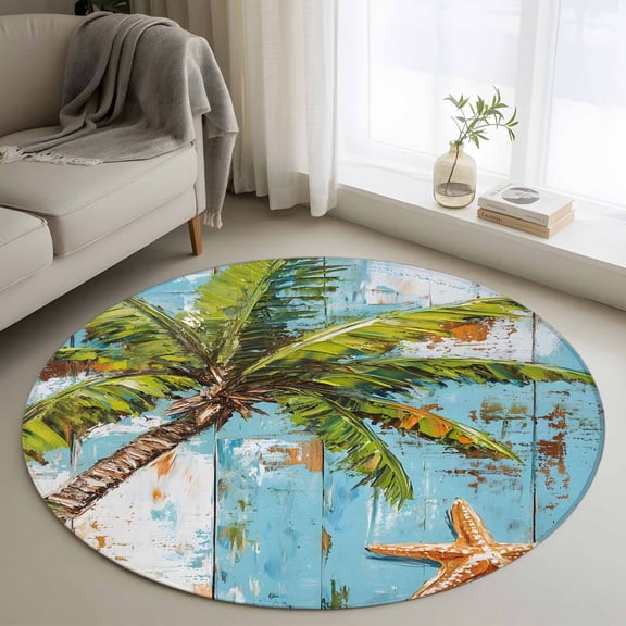 Coastal Beach Round Rug 3ft Washable Circle Entryway Rugs Non Slip Oil Painting Tropical Palm Tree Starfish Area Rug Indoor Floor Carpet for Bedroom Kitchen Living Room Home Office Dining Room