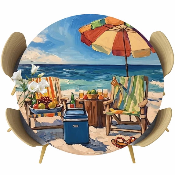 Coastal Beach Round Tablecloth 36-44 Inch Round Fitted Table Cloth with Elastic Edge, Vintage Summer Ocean Sea Wave Oil Painting Waterproof Table Cover Protector for Outdoor Picnic Party Dining