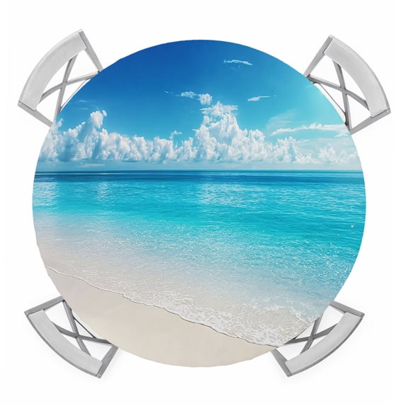 Coastal Beach Round Tablecloth for 36-44 Inch Tables,Fitted Table Cover with Elastic Edge,Modern Ocean Wave Sea Nautical Sky Blue Waterproof Outdoor Table Cloth Protector for Patio Garden Dinner