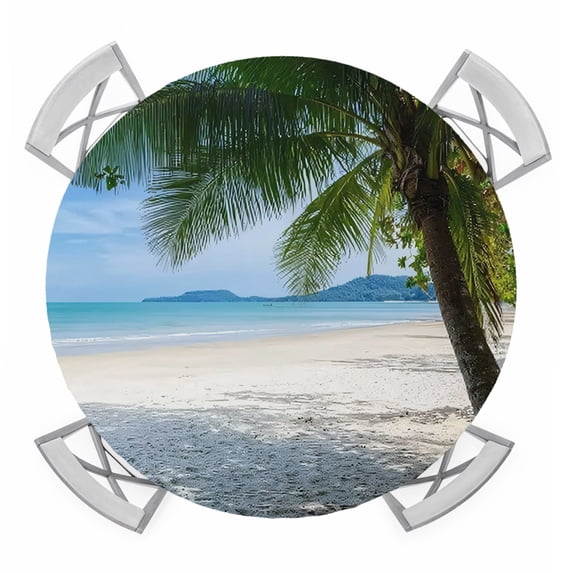 Coastal Beach Round Tablecloth for 55-60 Inch Tables,Fitted Table Cover with Elastic Edge,Summer Ocean Sea Modern Palm Coconut Tree Waterproof Outdoor Table Cloth Protector for Patio Garden Dinner