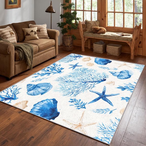 Coastal Beach Rug - Nautical Oceanic Coral Starfish Seashell Rugs for Bedroom, Living Room - Summer Coastal Area Rug - Washable & Non Slip Indoor Floor Carpet 1x2ft