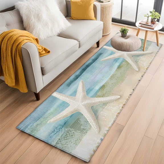 Coastal Beach Runner Rug 2x6 FT, Non Slip Hallway Rugs, Summer Retro Starfish Wave Washable Soft Floor Carpet Non-Shedding Throw Runner Carpet Long Rug for Entryway Kitchen Bedside Sliding Door