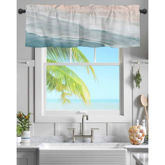 Coastal Beach Sea Wave Ocean Curtain Valances for Kitchen Windows,Rod Pocket Short Valance Boho Blue Gradient Small Window Treatment for Living Room Bathroom Bedroom,54"x18"-1 Panel