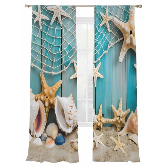 Coastal Beach Sheer Curtains 2 Panels Set Starfish Conch Sheer Window Curtains Light Filtering Rod Pocket Voile Drapes for Bedroom Living Room 52"X84"
