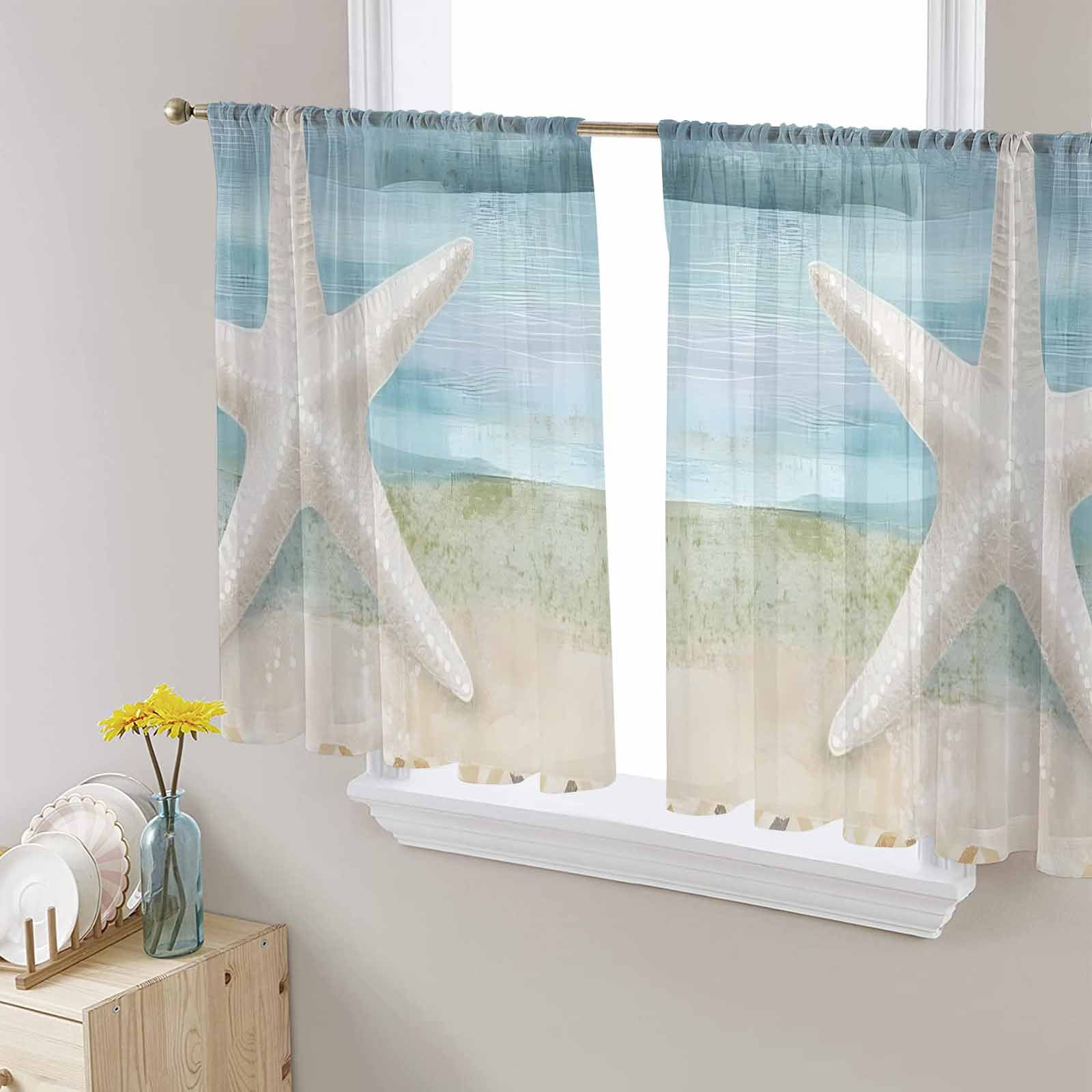 Coastal Beach Sheer Curtains 54 Inch Length 2 Panels Set for Living ...