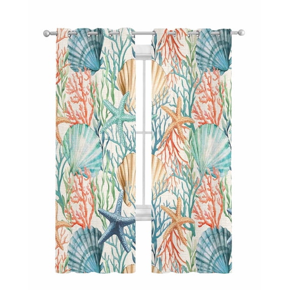 Coastal Beach Sheer Curtains 63 Inch Length 2 Panels Set for Living Room/Bedroom, Nautical Summer Coral Starfish Shell Kitchen Curtains Grommet Semi-Sheer Curtains Drapes Window Treatments 42"x63"x2