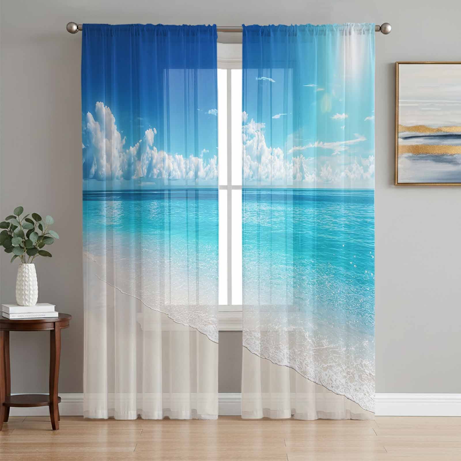 Coastal Beach Sheer Curtains 72 Inch Length 2 Panels Set, Modern Ocean ...